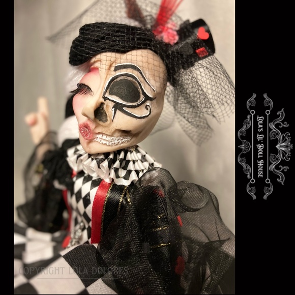 *SOLD* OOAK Gothic Harlequin Jester Skull Clown Doll Masquerade Puppet Baphomet - Picture 10 of 15